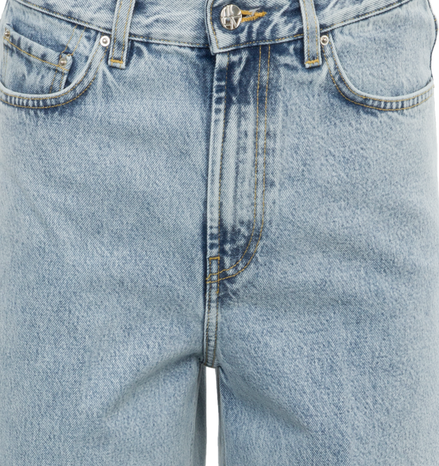 Image 4 of 4 - BLUE - TOTEME Wide Leg Denim featuring high waistline and long, wide legs that are press-creased, belt loops, five pockets and zipper fly. 100% cotton organic. 