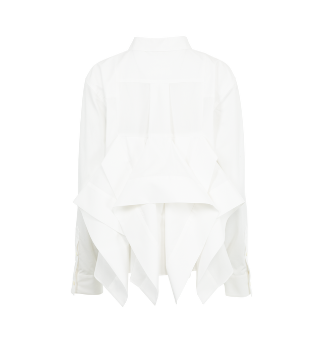 Image 2 of 2 - WHITE - SACAI Poplin Shirt featuring spread collar, concealed button closure, patch pocket at chest, long sleeves, button cuffs and frill detail at back. 100% cotton. Made in Japan. 