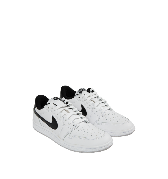 Image 2 of 5 - WHITE - Nike Dunk Low Sneakers with White and grey upper, black swoosh, padded, low-cut collar, leather upper, foam midsole offering lightweight, responsive cushioning. Perforations on the toe add breathability. Rubber sole with classic hoops pivot circle provides durability and traction. 