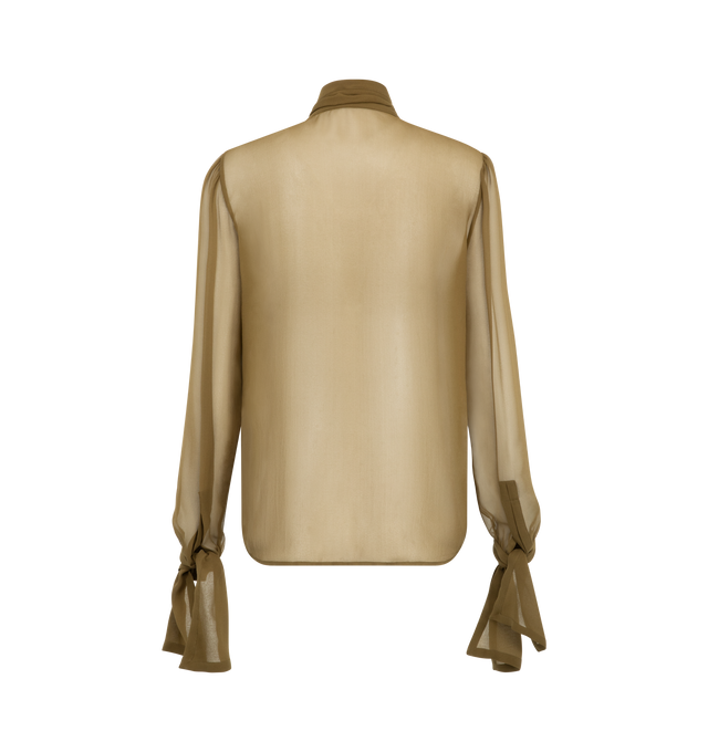Image 2 of 2 - GREEN - Saint Laurent Women's Tie-Neck Crepe Mesh Silk Blouse is crafted from lightweight silk-crepe muslin and features a slightly loose silhouette with a signaturebow neckline, flowing long sleeves, and self-tie cuffs for an elegant, feminine finish. This designer silk blouse combines sheer, fluid construction with Saint Laurent's timeless Parisian sophistication. Main Material: 100% Silk. Closure: Concealed Front Closure. Made in Italy. 