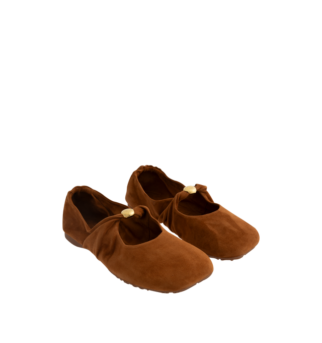 Image 2 of 4 - NEUTRAL - Loewe Women's Pebble soft ballerina in suede goatskin with a padded leather insole and flexible upper engineered for extra comfort, featuring a metallic pebble with an Anagram engraved detail and a signature petal toe shape. Anagram embossed rubber outsole. Made in Italy. 