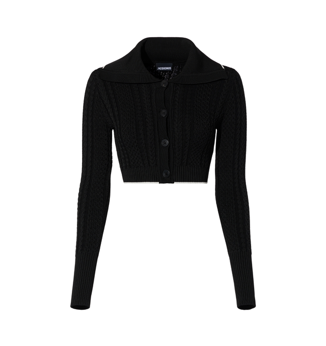 Image 1 of 1 - BLACK - JACQUEMUS Cropped Cardigan featuring cropped, fitted shape, twisted rib knit, ribbed collar, cuffs and hem, wide, draped collar, contrast hem and D-ring on the back. 94% viscose, 4% polyamide, 2% elastane. Made in Bulgaria. 