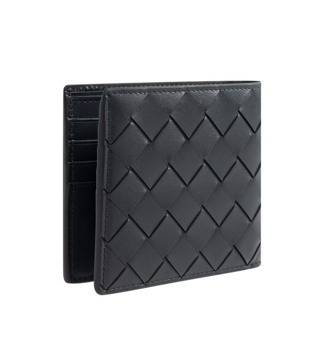 Image 2 of 3 - NAVY - BOTTEGA VENETA Intrecciato Bi-Fold Wallet featuring intrecciato calfskin leather wallet with color block design, eight card slots, two bill compartments and two additional pockets. Calfskin. Made in Italy. 