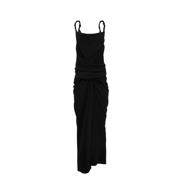 Image 1 of 2 - BLACK - Rick Owens Womens Maxi Dress is crafted from viscose-blend cady. Features a cowl neckline, gathered front detailing, fixed shoulder straps, raw-edge hem, and a full-length silhouette. Main Material: 53% Viscose, 47% Acetate. Made in Italy. 