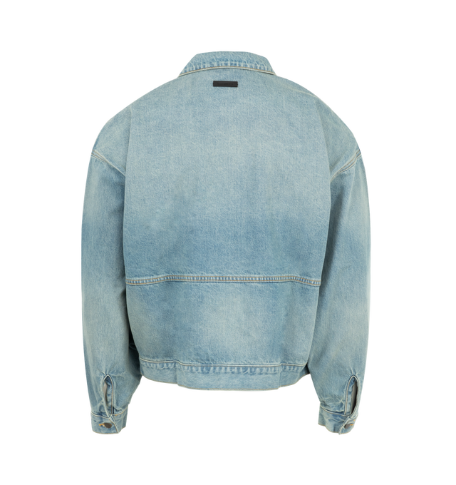 Image 2 of 3 - BLUE - Fear of God Essential Men's Denim Trucker jacket with two-way front-zip closure, spread collar, button cuffs, side-seam pockets. 100% cotton. 