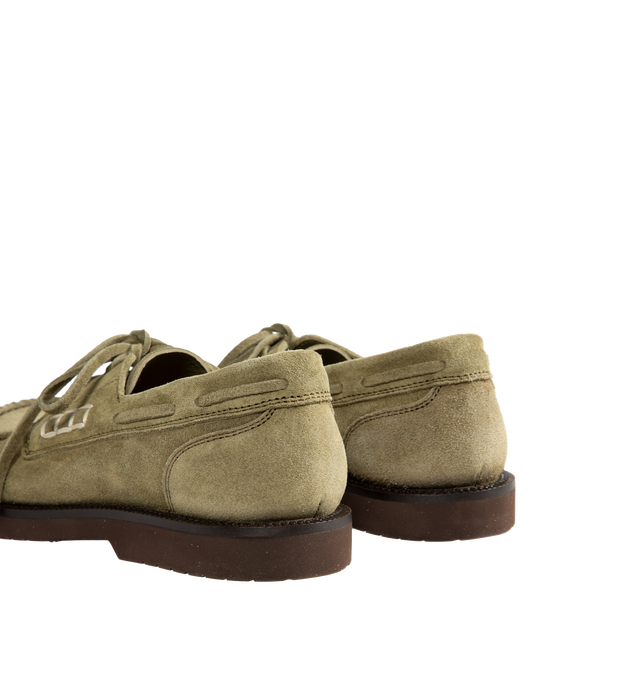 Image 3 of 4 - GREEN - JW Anderson Women's Ruffle Suede Boat Shoes are crafted in Italy from premium suede and feature a contemporary boat shoe silhouette enhanced with layered suede ruffles. Designed with a lace-up closure, blind-embossed JWA logo, and a refined fit focused on comfort, the shoes reinterpret a classic style through the brand's signature playful detailing. Main Material: 100% Split Cow Suede. Made in Italy. 