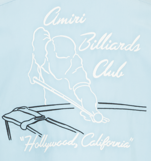 Image 4 of 4 - BLUE - Amiri Billiards Club Camp Shirt has a V-neck camp collar, a button front fastening, patch pockets, embroidery details and an embroidered patch on the chest. 100% modal. Made in Italy.  