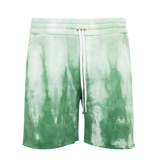 Image 1 of 3 - GREEN - AMIRI Dip Dye Sweat Shorts featuring elasticized waist with toggle drawstring fastening, side slant pockets, back patch pocket, relaxed legs, raw hem and pull-on style. 100% cotton. Made in Italy. 