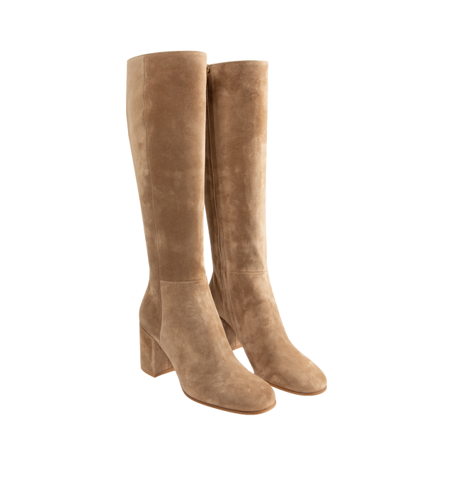 Image 2 of 4 - BROWN - GIANVITO ROSSI Joelle 70mm Suede Boots featuring knee-high, side zip fastening, round toe, branded leather insole and high block heel. 100% suede.  