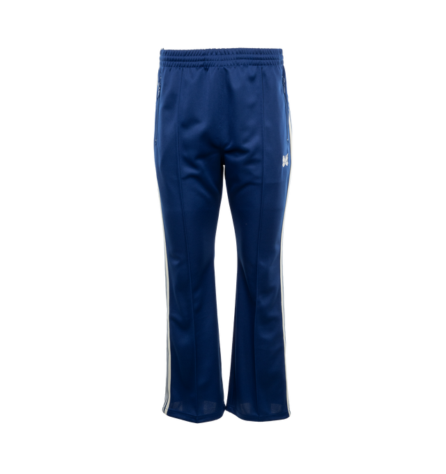 BLUE - NEEDLES Boot Cut Track Pants featuring polyester jersey, concealed drawstring at elasticized waistband, three-pocket styling, pinched seam at front legs, striped trim at outseams and partial mesh lining. 100% polyester. Made in Japan.