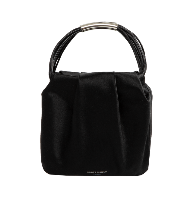 Image 1 of 3 - BLACK - SAINT LAURENT Pochon Mini Top-Handle Bag in Satin Silk featuring strappy top handles, open top with magnetic closure, fully lined and silver-tone hardware. 5.5"H x 5.5"W x 1.2"D. Satin viscose, silk. Made in Italy. 