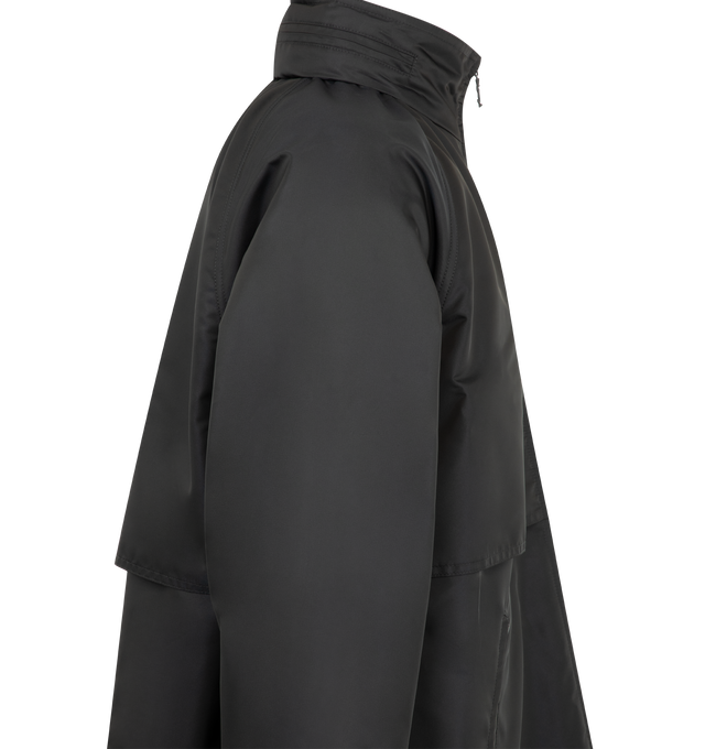 Image 4 of 4 - BLACK - Saint Laurent Mens Hooded Jacket is crafted from technical shell with leather trim. Features a concealed hood, front zip closure, streamlined silhouette, and leather detailing. Main Material: 100% Polyester; Trim: 100% Leather. Made in Italy. 