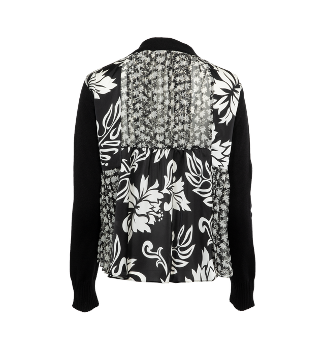 BLACK - SACAI Floral Print Knit Cardigan featuring knitted construction, gathered detailing, V-neck, front zip fastening, long sleeves, two front patch pockets and ribbed cuffs and hem. 100% wool. 