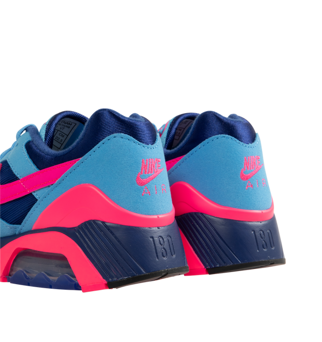 Image 3 of 5 - BLUE - Nike Air 180 Sneakers are a lace-up style with mesh uppers, suede overlays, textured mudguards, padded collars, visible Air-Sole units, TPU eyelets, rubber outsoles, and debossed branding on the tongues. Made in Vietnam.  