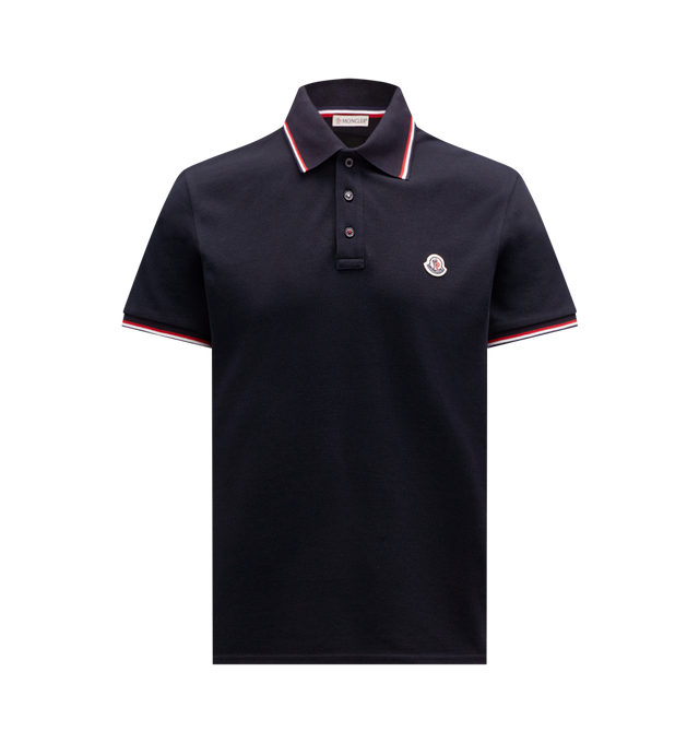 Image 1 of 1 - BLUE - Moncler Mens Tricolor Cotton Polo Shirt is crafted from cotton piqu. Features a slim fit, ribbed collar, short sleeves, mother-of-pearl button closure, and signature tricolor trim. Main Material: 100% Cotton; Ribbed Trim: 99% Cotton, 1% Elastane/Spandex. Made in Turkey. 