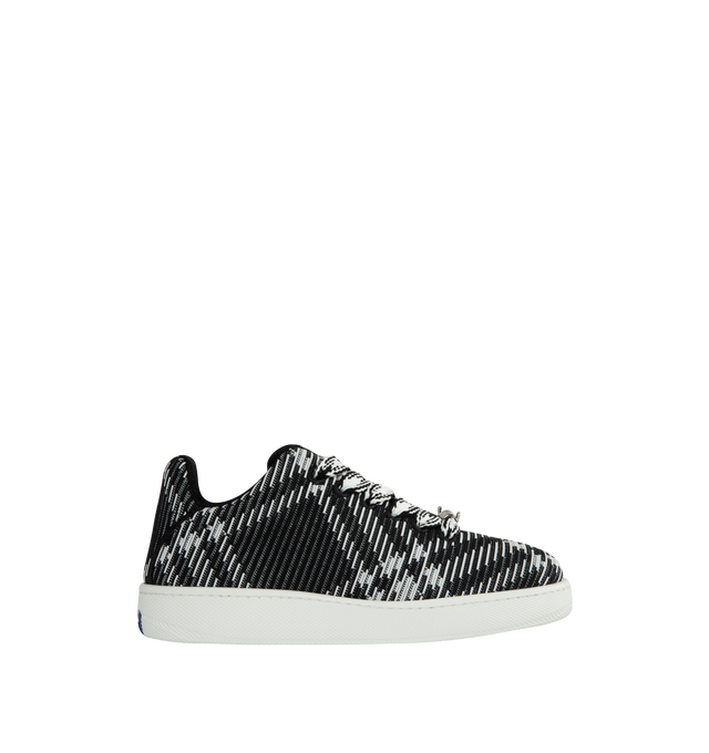 Image 1 of 5 - BLACK - Burberry Knit Box sneakers in stretch nylon knitted with a check pattern. Lace-up closure with rounded and mesh lining featuring barbed wire hardware at the laces and rubber soles moulded with archive Burberry lettering. 98% polyamide, 2% elastane upper with polyester lining and thermoplastic polyurethane sole. Made in Italy. 
