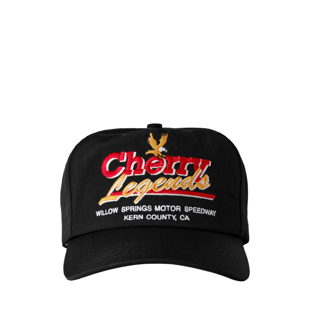 Image 1 of 7 - BLACK - Cherry LA Men's Legends 5 Panel Hat is crafted from nylon and features a classic five-panel silhouette with embroidered detailing at the front. Designed with a branded flag tab at the back and an adjustable plastic snap closure, this everyday accessory combines lightweight construction with signature Cherry LA styling. Main Material: Nylon. Fit: Adjustable. Closure: Plastic Snapback Closure. Details: Front Embroidery, Branded Flag Tab. Made in Los Angeles, California. 