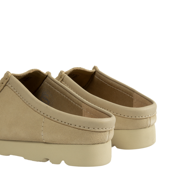 Image 3 of 4 - BROWN - CLARKS Wallabee Slip Shoe featuring suede upper, lightweight Vibram sole, tonal leather collars and Clarks Originals heat-embossed metallic transfer on sock bed. 