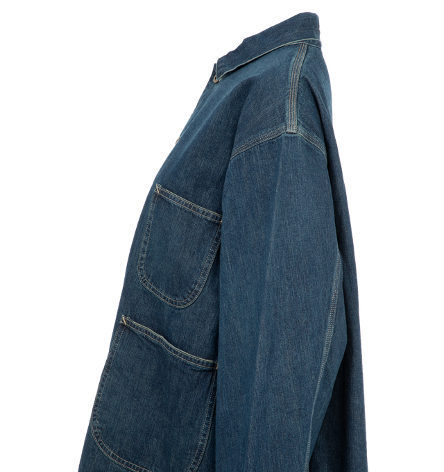 Image 3 of 3 - BLUE - CHIMALA Short Work Jacket featuring salvage denim, customized metal buttons, contrast top stitching and four pockets on front. 100% cotton. Made In Japan. 