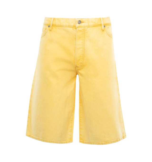 Image 1 of 3 - YELLOW - COUT DE LA LIBERTE Zander Twill Baggy Short featuring button front closure, 5 pocket styling, knee length and wide leg. 100% cotton. Made in USA.