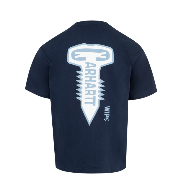 Image 2 of 2 - BLUE - CARHARTT WIP Cross Screw T-Shirt featuring midweight organic cotton jersey in a loose fit, short sleeves and graphic prints appear on the chest and back. 100% cotton. 