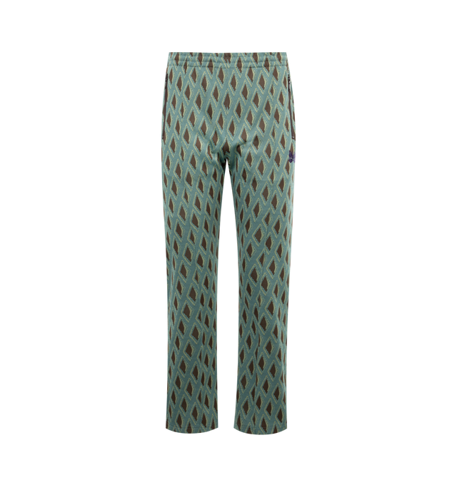 Image 1 of 3 - GREEN - NEEDLES Track Pant featuring jacquard graphic pattern throughout, concealed drawstring at elasticized waistband, three-pocket styling, zip pockets, logo embroidered at front, pinched seams at front and partial mesh lining. 100% polyester. Trim: 100% rayon. Made in Japan.