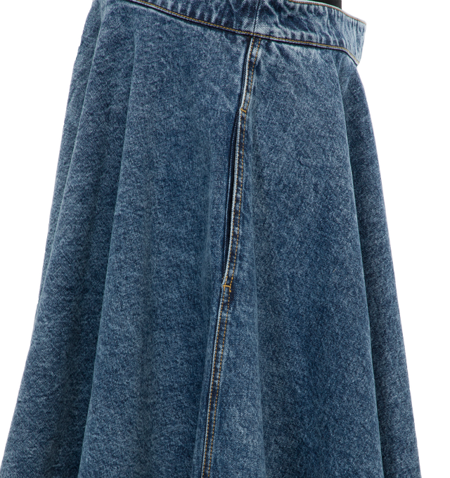 Image 3 of 4 - BLUE - ALAIA Band Skirt featuring ribbed band top, denim full skirt, side slit pockets and midi length. 100% cotton.  