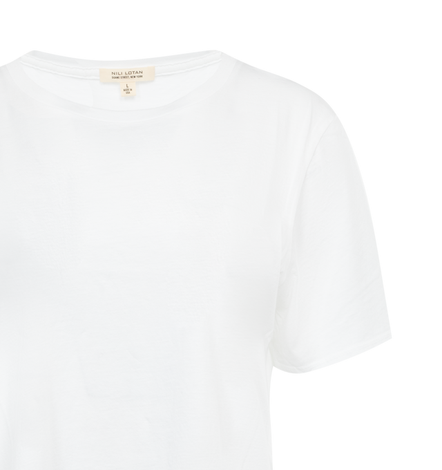 Image 2 of 2 - WHITE - NILI LOTAN Marley Tee featuring relaxed fit, slightly boxy, crew neck, vintage pitched sleeve, shorter body, self trim at neckline, back neck and shoulder finished with self binding. 100% cotton.  