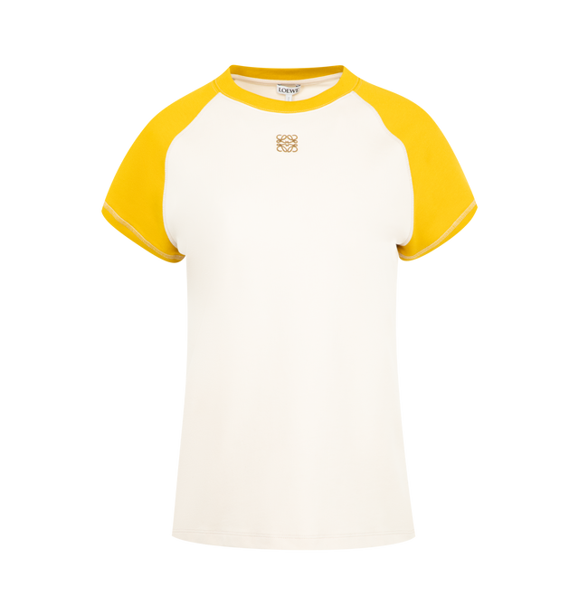 Image 1 of 2 - YELLOW - Loewe Women's T-shirt in lightweight stretch cotton and viscose jersey featuring a contrast ringer collar and raglan sleeves. Small fit, regular length, crew neck, contrast topstitching, Anagram embroidery placed at the front. Cotton/Viscose/Elastane. Made in Portugal. 