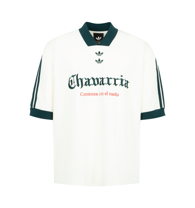 Image 1 of 2 - WHITE - Adidas Mens Knit Cotton Piqu Jersey is crafted from cotton piqu. Features a ribbed V-neck collar and sleeve cuffs, applied 3-Stripes along the sleeves, and embroidered logos and artwork on the front and back. Main Material: Cotton Piqu. Imported. Made in Indonesia. 