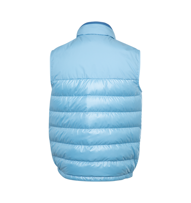 Image 2 of 3 - BLUE - MONCLER Cerces Down Vest featuring stowaway hood at stand collar, two-way zip closure, felted logo patch at chest, zip pockets, elasticized hem, zip pocket at interior, fully lined and logo-engraved silver-tone hardware. 100% polyester. Fill: 90% duck down, 10% feathers. 