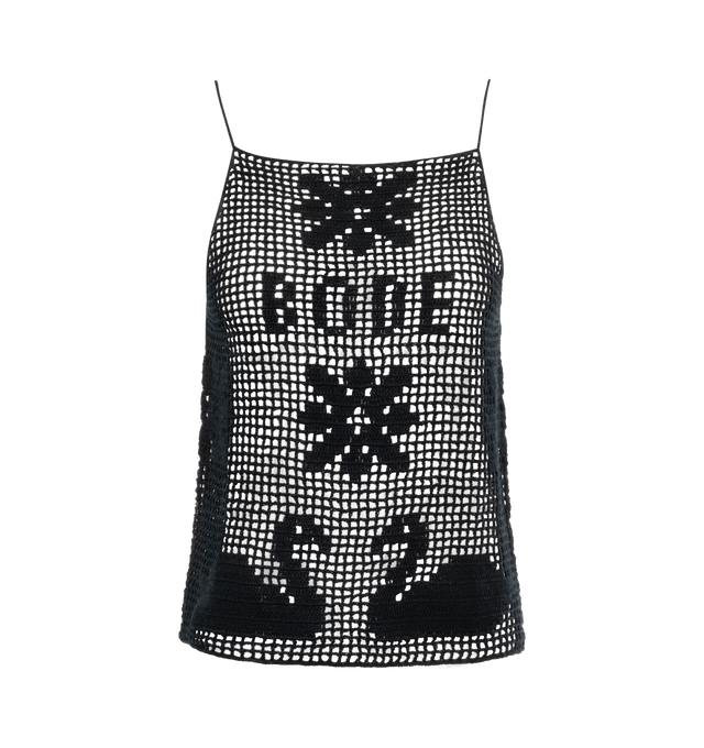 BLACK - BODE Mansfield Tank featuring square neck, spaghetti straps, hand crochet and logo and swan detail on the front. 60% cotton, 40% linen. Made in Peru.
