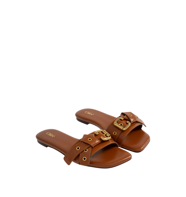 Image 2 of 4 - BROWN - Chlo Mae slides featuring flat sole, branded footbed and decorative buckle detail. Outer, Lining and Sole: Calf Leather 100%. 