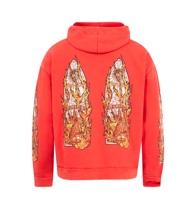 Image 2 of 2 - RED - WHO DECIDES WAR Flame Glass Hooded Pullover featuring faded screen printed flame glass motifs throughout and a boxy, slightly cropped fit. 100% cotton.  