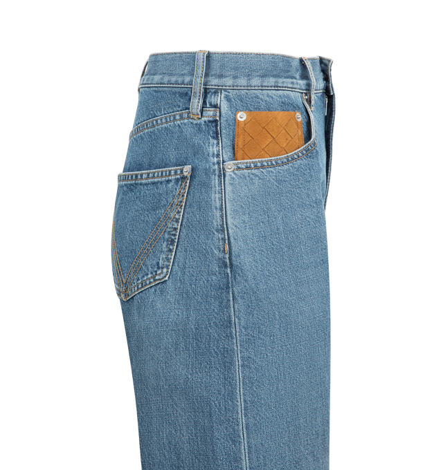 Image 3 of 3 - BLUE - BOTTEGA VENETA Straight Jeans featuring straight leg, turned up hem, an Intrecciato suede patch on the front, button closure and 5 pocket style. 100% cotton. Made in Italy.   