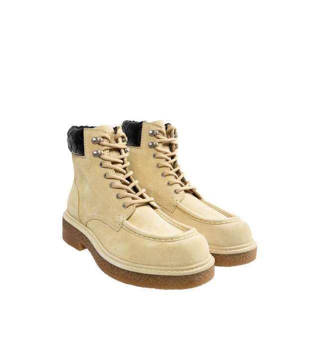 Image 2 of 5 - NEUTRAL - Bottega Veneta Haddock Lace-Up Ankle Boots are a lace-up style with nubuck leather, Intrecciato leather collars, and rubber outsoles. Lined. 100% lambskin. Made in Italy.  