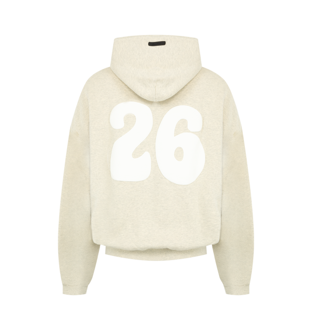 Image 2 of 2 - NEUTRAL - Fear of God Essentials Mens 90s Zip-Up Hoodie is crafted from heavyweight 390 GSM cotton fleece. Features a relaxed 90s fit, front zip closure, dropped shoulders, kangaroo pocket, ribbed cuffs and hem, pigment-dyed finish, puff-printed All Valley Essentials graphic on the front, "26" graphic on the back, and an Essentials logo label. Main Material: 100% Cotton. 