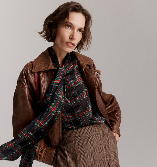 Image 3 of 5 - MULTI - SAINT LAURENT Lavallire Blouse in tartan silk charmeuse featuring a lavallire tie, concealed front button closure, lavallire neck, one-button mitered cuffs and curved hem. 100% silk. Made in Italy. 