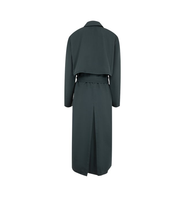 Image 2 of 3 - GREEN - The Row women's single-breasted car coat in washed cotton with oversized fit, slant welt pockets, concealed front placket with wooden buttons, and removable belt with leather buckle. 100% Cotton fully lined in 100% Cotton. Made in Italy. 