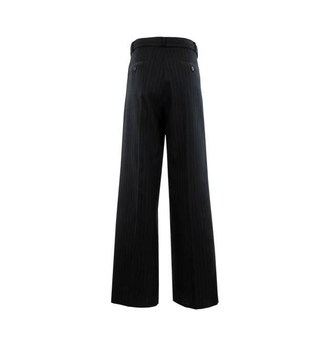 Image 2 of 3 - BLACK - SACAI Chalk Stripe Pants featuring adjustable D-loop belt, side slit pockets, back buttoned welt pockets, zip fly and hook-and-bar closure. 70% wool, 30% polyester.  