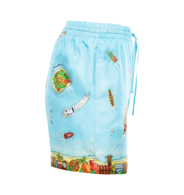 Image 3 of 3 - BLUE - CASABLANCA Silk Shorts featuring an elasticated waistband, drawstring, side and back pockets and have a loose fit. 100% silk. 