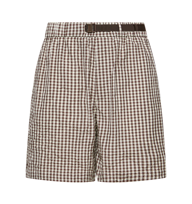 Image 1 of 3 - BROWN - MONCLER Vichy Cotton Blend Shorts featuring crinkled vichy cotton blend, cotton twill lining, adjustable waistband, belt with buckle, zipper closure, welt pocket at the back and logo details. 52% cotton, 48% polyester. 