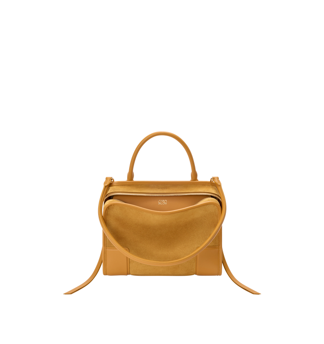 Image 5 of 16 - YELLOW - Loewe Women's Amazona 180 Medium Bag is crafted from suede and calf leather and features a relaxed silhouette with a single toron top handle, a concealed magnetic closure, and removable shoulder and crossbody straps. Designed with two compartments, an internal flat pocket, and a side D-ring for personalization, this versatile style can be carried by hand, over the shoulder, or crossbody. Suede lining and embossed LOEWE branding complete the design. Main Material: Suede/Calf Leather. 