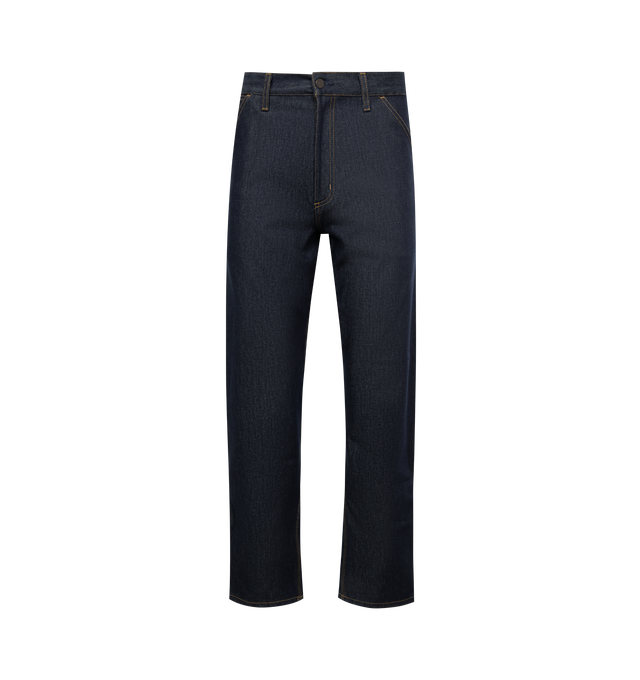 Image 1 of 3 - BLUE - CARHARTT WIP Single Knee Jeans featuring relaxed-fit, straight-leg, belt loops, five-pocket styling, zip-fly, utility pocket at outseams, logo patch at back pocket and contrast stitching in tan. 100% cotton. 
