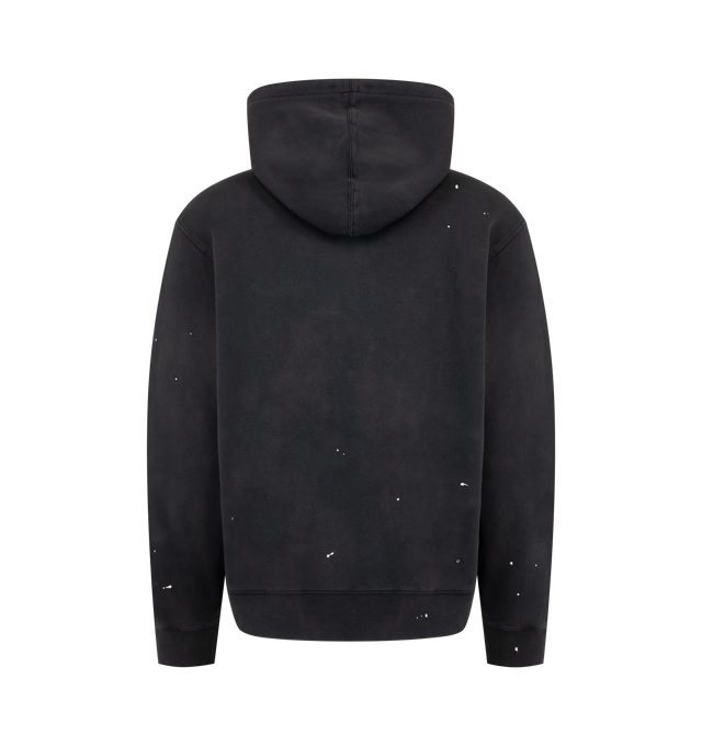 Image 2 of 2 - BLACK - CARHARTT WIP Hooded Painter Jacket featuring heavyweight cotton jersey with a brushed, fleece-like backing, boxy fit, dropped shoulders, ribbed trims, intentionally distressed, worn-in finish with paint accents throughout and an embroidered Script Logo appears on the chest. 100% cotton sweat. 
