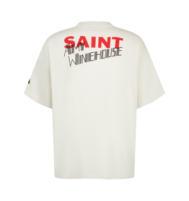 Image 2 of 3 - WHITE - Saint Michael Men's Amy Winehouse 'Back To Blk' T-Shirt features an iconic retro-style portrait of Amy Winehouse boldly printed on the front, while the brand logo and the name "AMY WINEHOUSE" are placed on the back. The cotton material is made to have a vintage-like expression unique to SAINT Mxxxxxx t-shirts. 