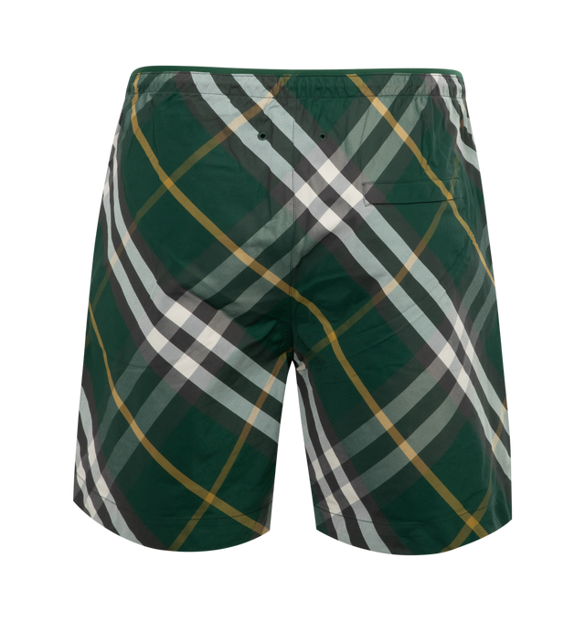 Image 2 of 3 - GREEN - BURBERRY Check Swim Shorts featuring nylon twill, printed with the Burberry Check, relaxed fit, lined in mesh, elasticated waist with interior drawcord, side slip pockets and back press-stud welt pocket. 100% polyamide. Trim: 92% polyester, 8% elastane. Lining: 100% polyester. Made in Portugal. 