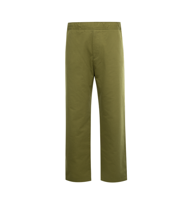 GREEN - MONCLER Cotton Satin Pants featuring elastic waistband with drawstring fastening, zipper closure, side pockets, back welt pocket and felt logo patch. 100% cotton.