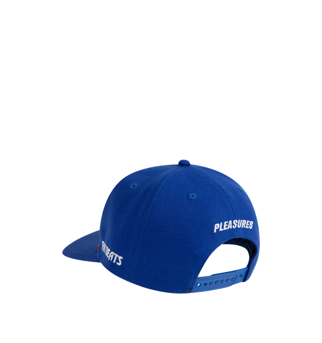 Image 2 of 2 - BLUE - Pleasures X Fat Beats Sections Snapback Hat has a curved brim, embroidered text, and an adjustable snapback closure.  