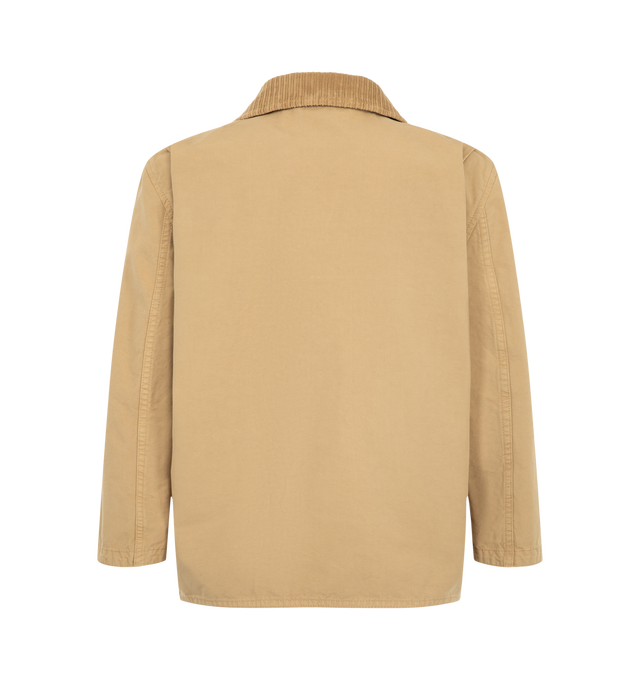 Image 2 of 2 - NEUTRAL - The Row Women's Benka Jacket is crafted from structured cotton canvas and features a cropped chore jacket silhouette, a tonal corduroy collar, front flap patch pockets, and exposed horn button closures. Designed with a shrunken fit and three-quarter-length sleeves, this utilitarian style is finished with a robust canvas exterior and a softly textured corduroy interior for added comfort. Main Material: 100% Cotton. Fit: Shrunken. Length: Cropped. Sleeves: Three-Quarter Length. Collar 